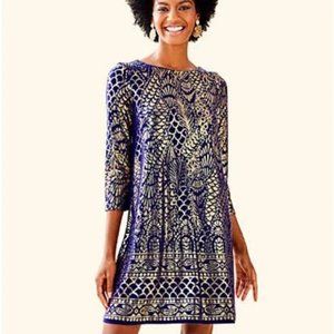 Lilly Pulitzer Ophelia Blue Gold Metallic 3/4 Sleeve Caged Mini Dress X-Small